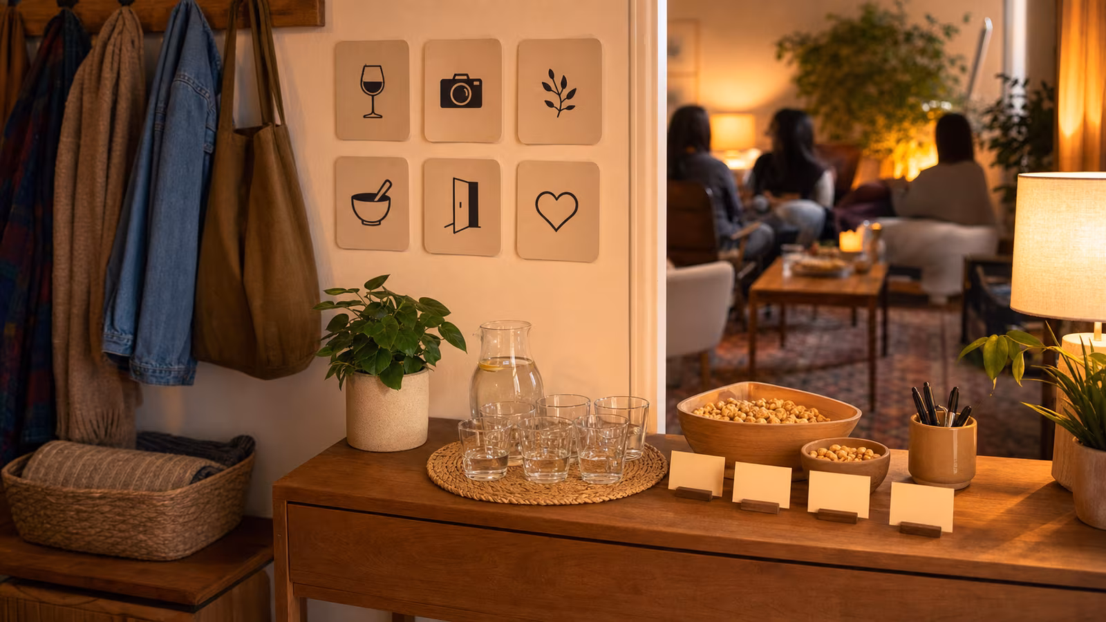 a small entryway sign made of abstract icons only, water glasses, snack labels without readable text, and a cozy gathering room