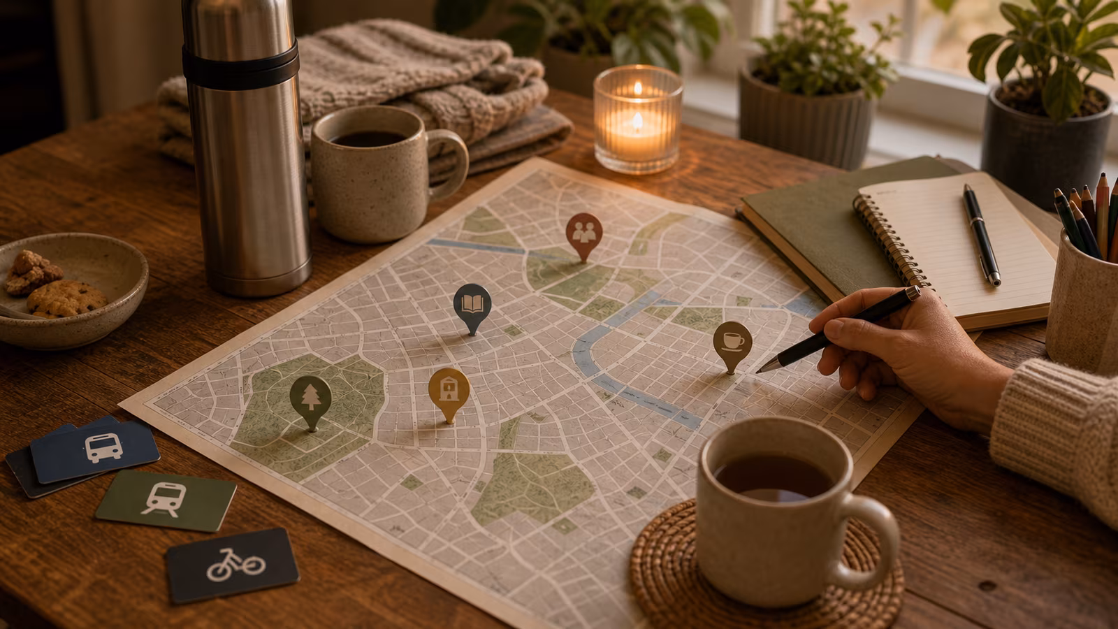 a neighborhood map spread on a table with abstract pins for library, park, cafe, community room, and a small thermos