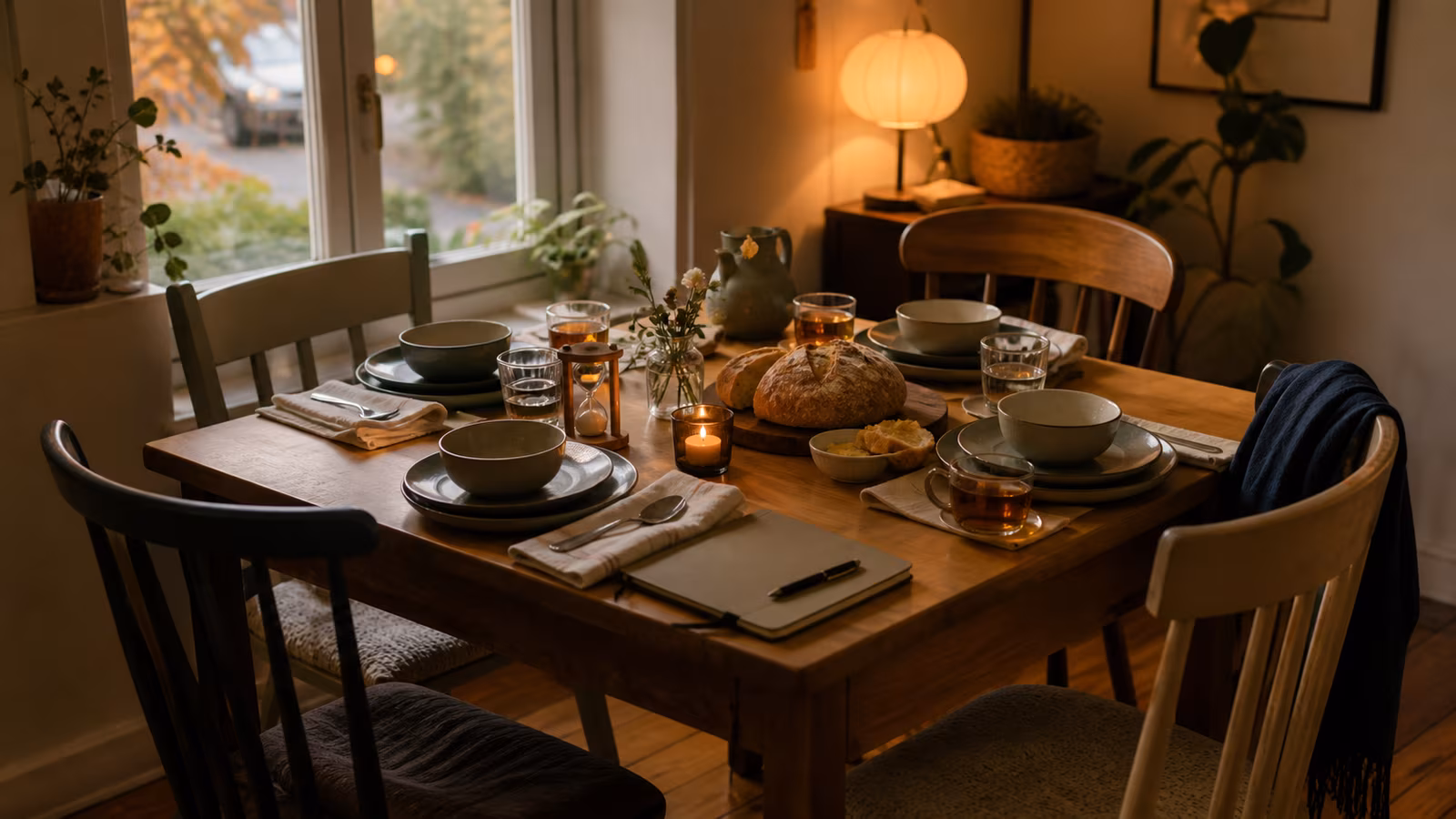 an intimate four-seat table by a window with mismatched chairs, shared bread, tea glasses, a small timer, and calm evening light