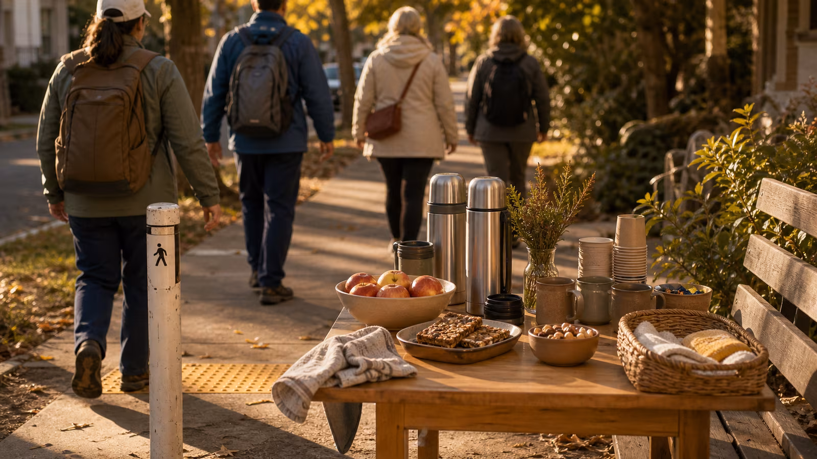 a neighborhood walking group ending at a small outdoor table with thermoses, cups, simple snacks, and soft late-afternoon light