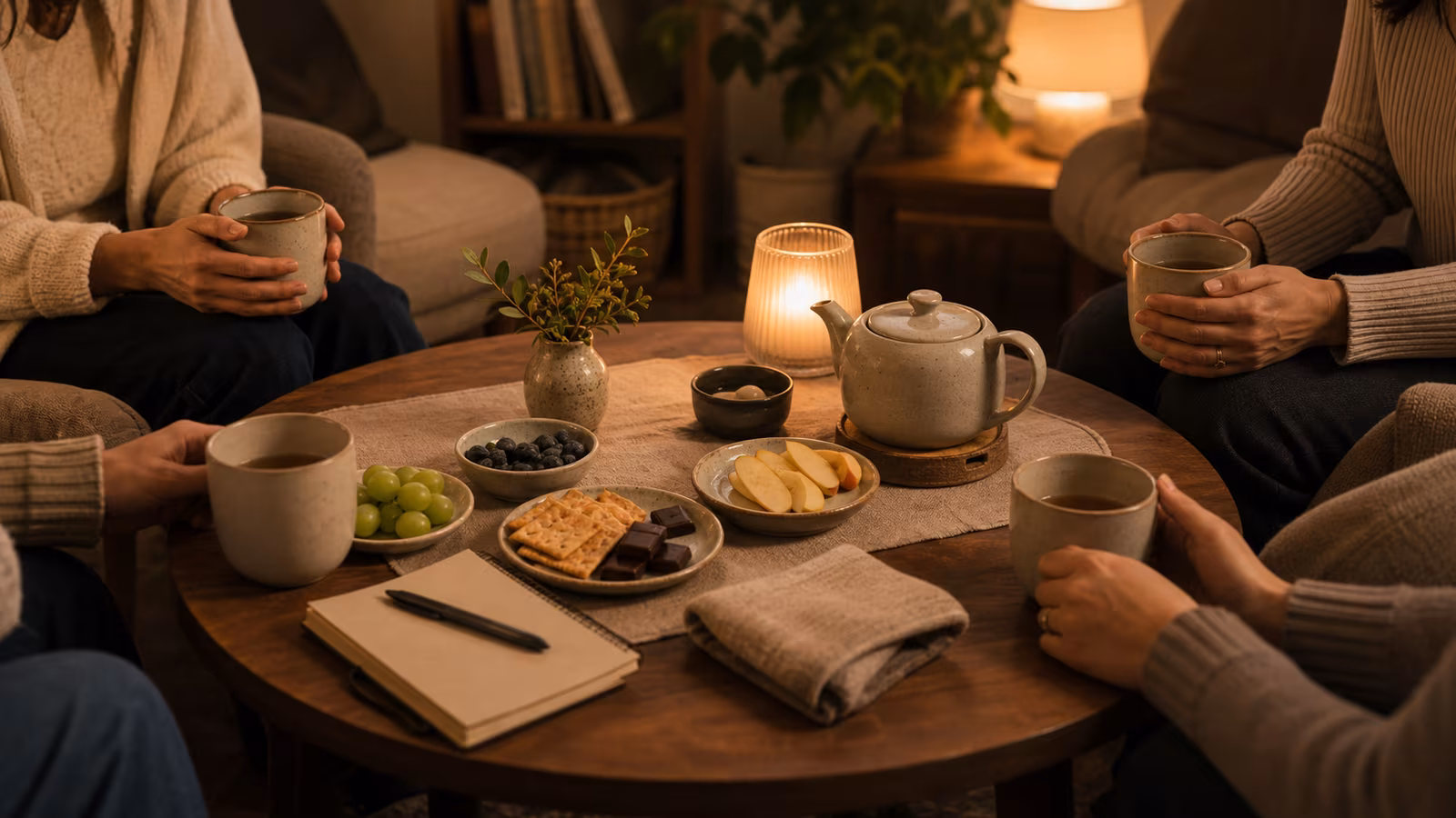 a soft evening tea circle with mugs, kettle, low lamp, small plates of fruit and crackers, and chairs pulled close