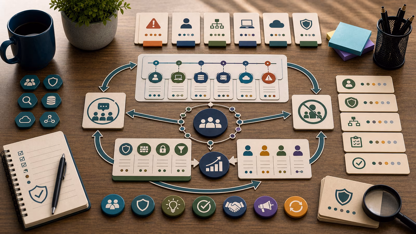 Calm cybersecurity illustration for After-Action Reviews, showing abstract triage and incident response evidence cards, connected systems, and defensive control checkpoints.