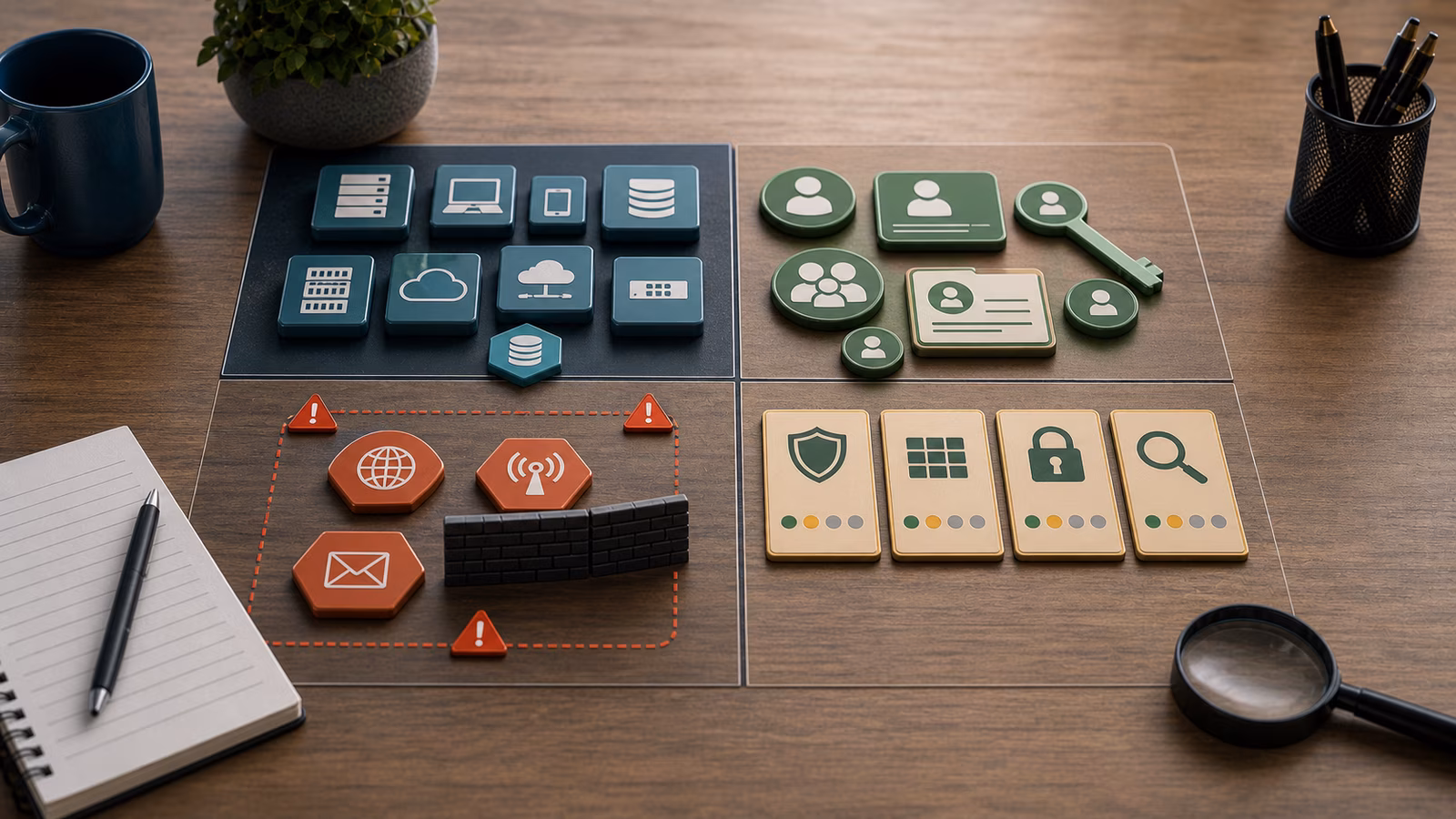 Calm cybersecurity illustration for Assets, Identities, Exposures, and Controls, showing abstract start here: defender thinking evidence cards, connected systems, and defensive control checkpoints.