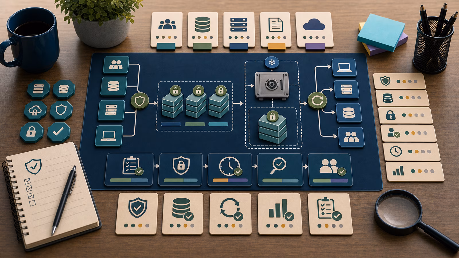 Calm cybersecurity illustration for Backup Design for Recovery, showing abstract ransomware and recovery evidence cards, connected systems, and defensive control checkpoints.