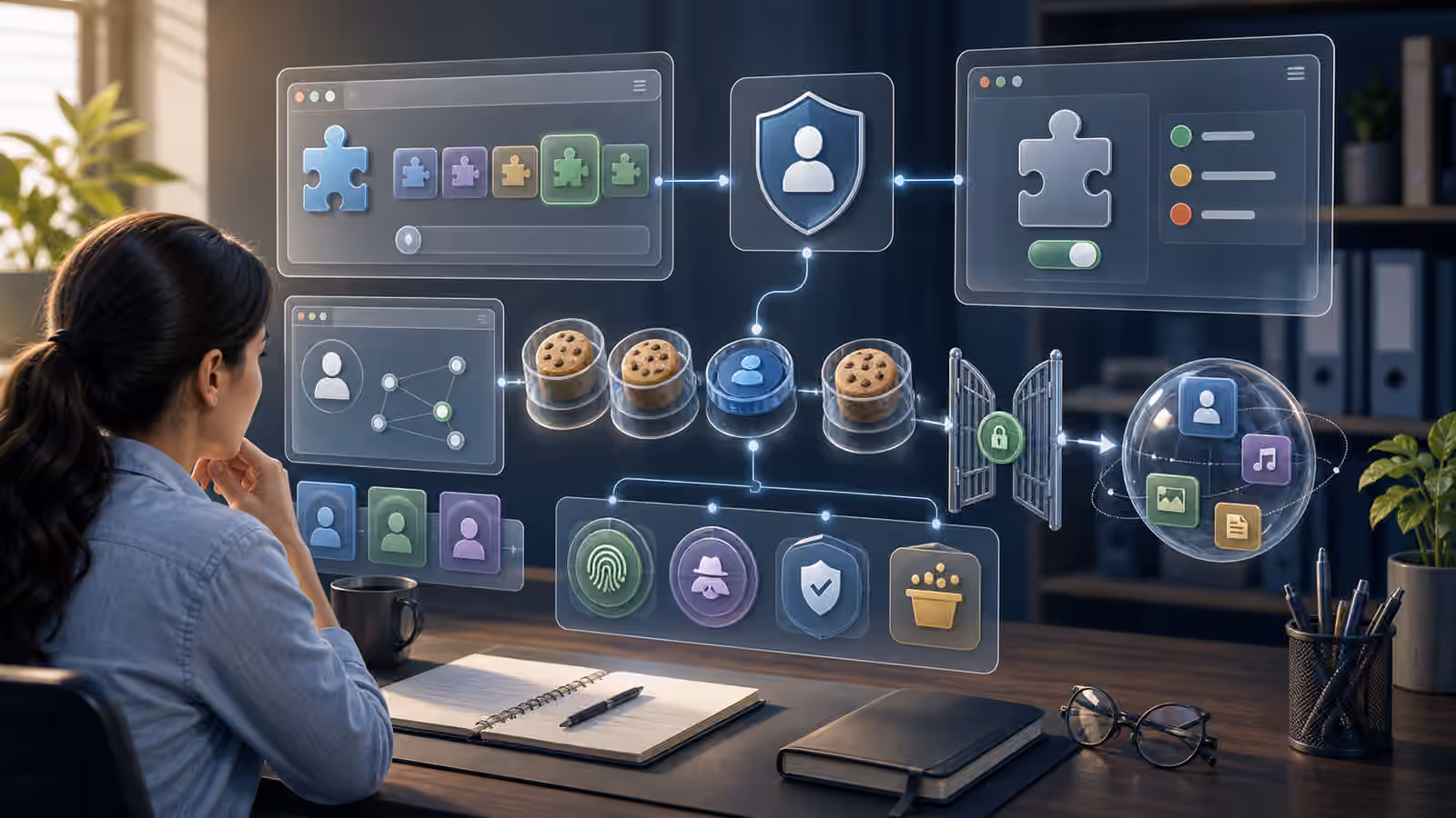 Calm cybersecurity illustration of browser frames, extension symbols, session tokens, identity cards, and permission gates.