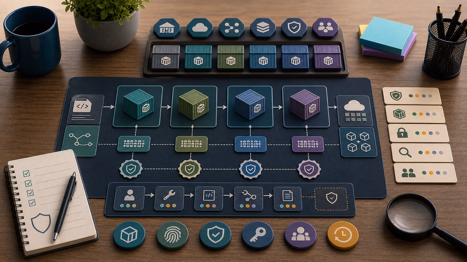 Calm cybersecurity illustration for Container Image Trust, showing abstract cloud, identity, and exposure evidence cards, connected systems, and defensive control checkpoints.