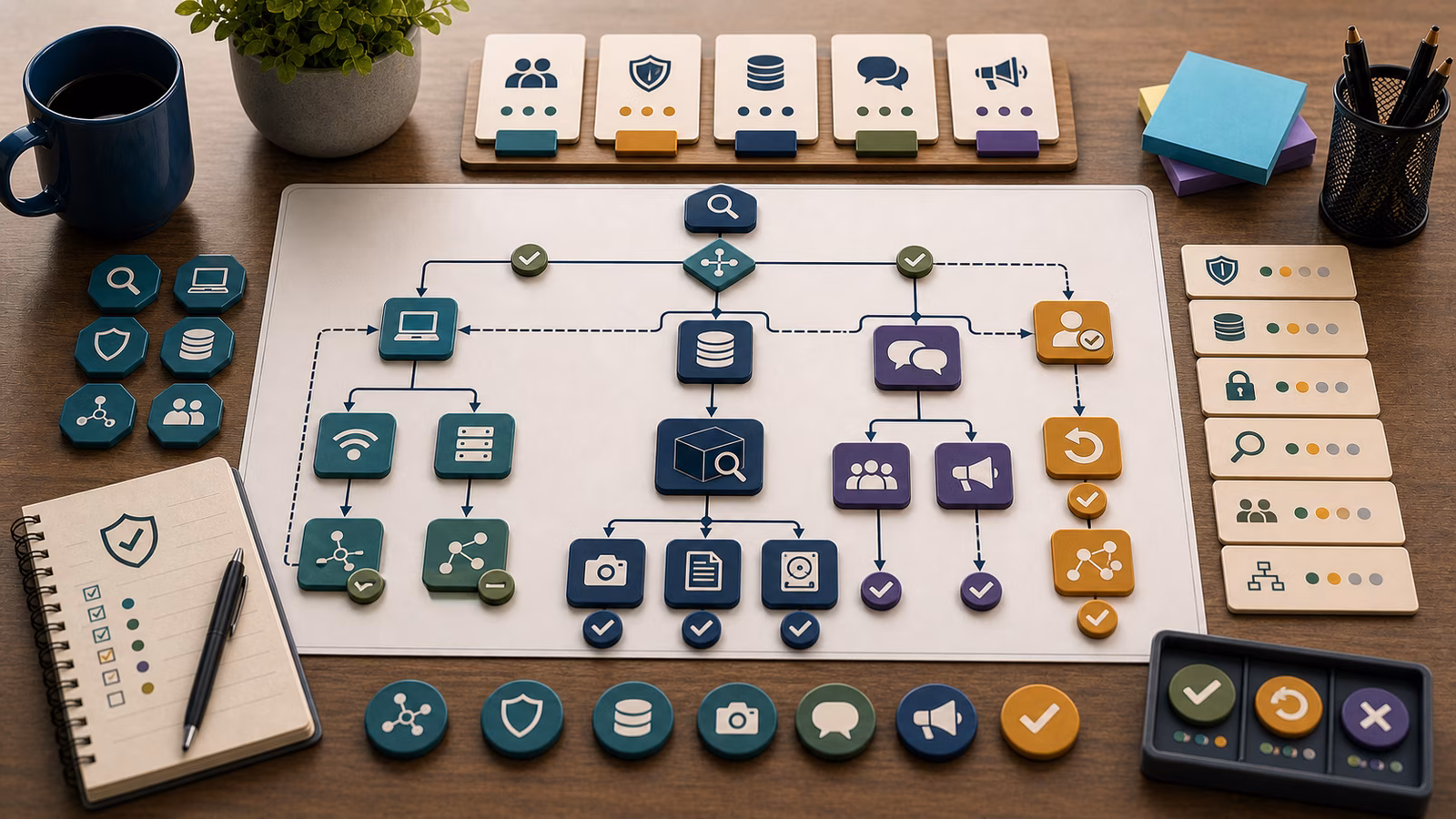 Calm cybersecurity illustration for Containment Decision Trees, showing abstract ransomware and recovery evidence cards, connected systems, and defensive control checkpoints.