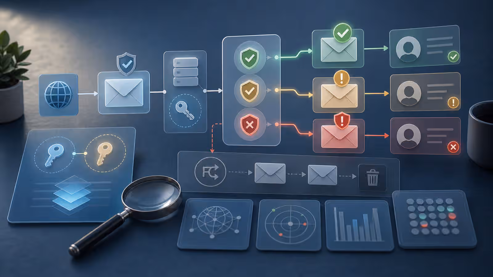 Calm cybersecurity illustration of email authentication paths, domain trust checks, and evidence cards without readable labels.