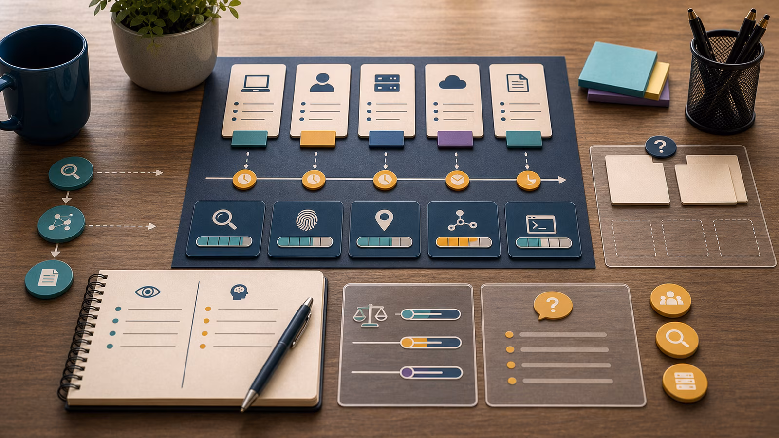 Calm cybersecurity illustration for Evidence-First Triage, showing abstract start here: defender thinking evidence cards, connected systems, and defensive control checkpoints.
