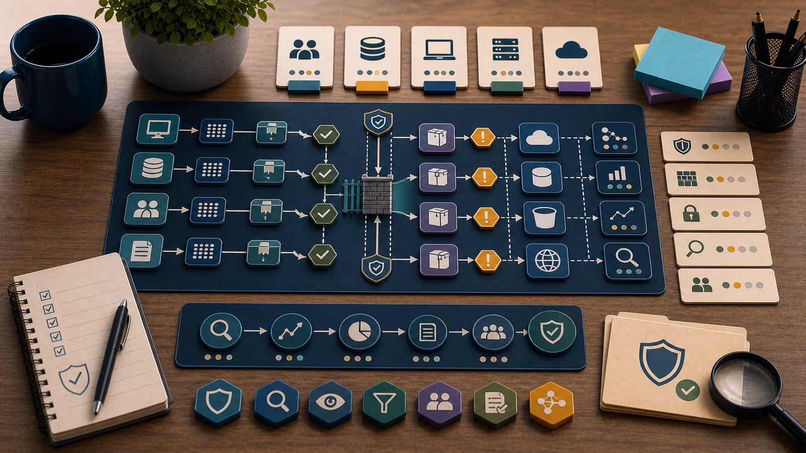 Calm cybersecurity illustration for Exfiltration Paths, showing abstract attack paths and breach stories evidence cards, connected systems, and defensive control checkpoints.