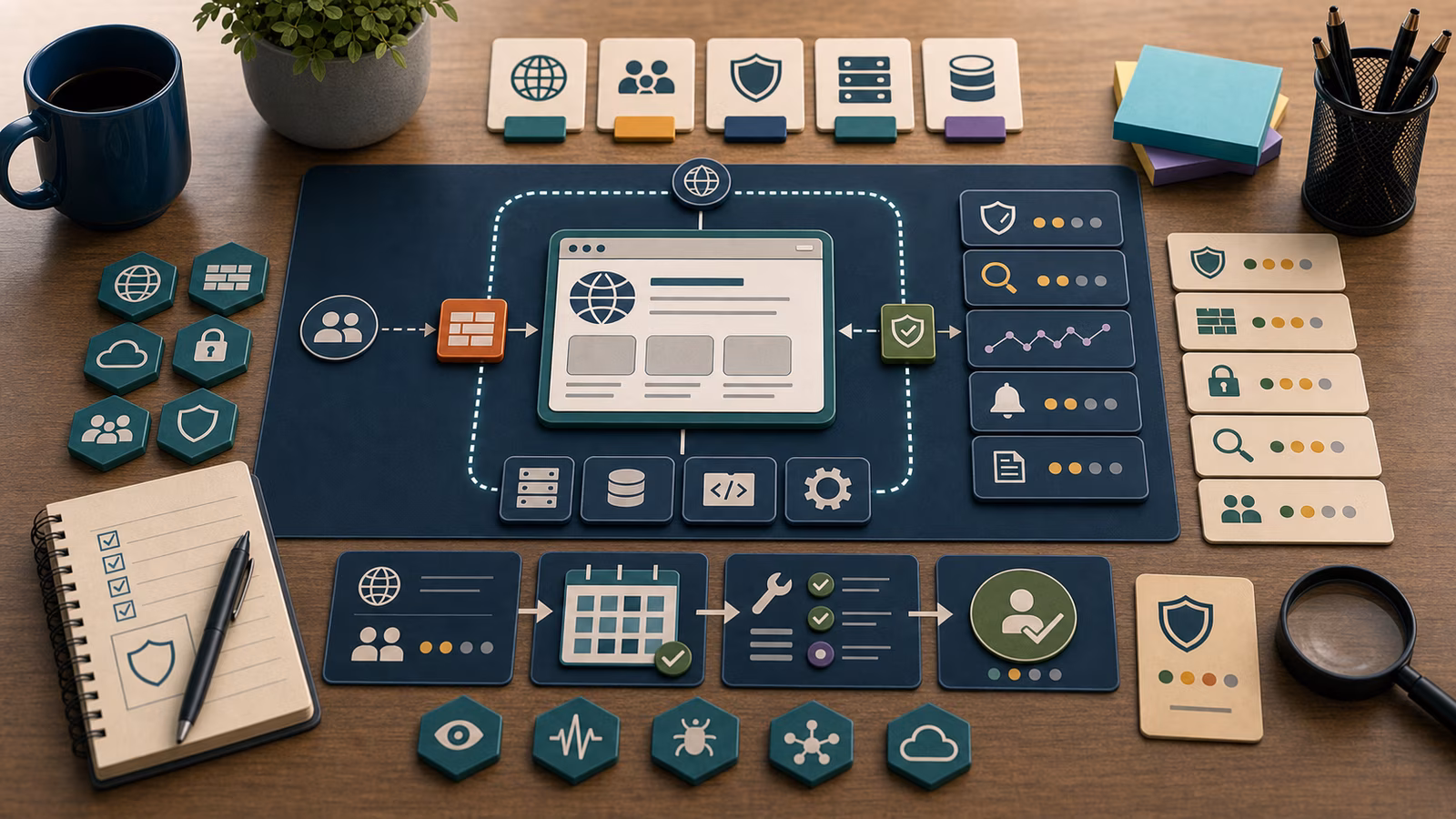 Calm cybersecurity illustration for Exploited Public-Facing Apps, showing abstract attack paths and breach stories evidence cards, connected systems, and defensive control checkpoints.