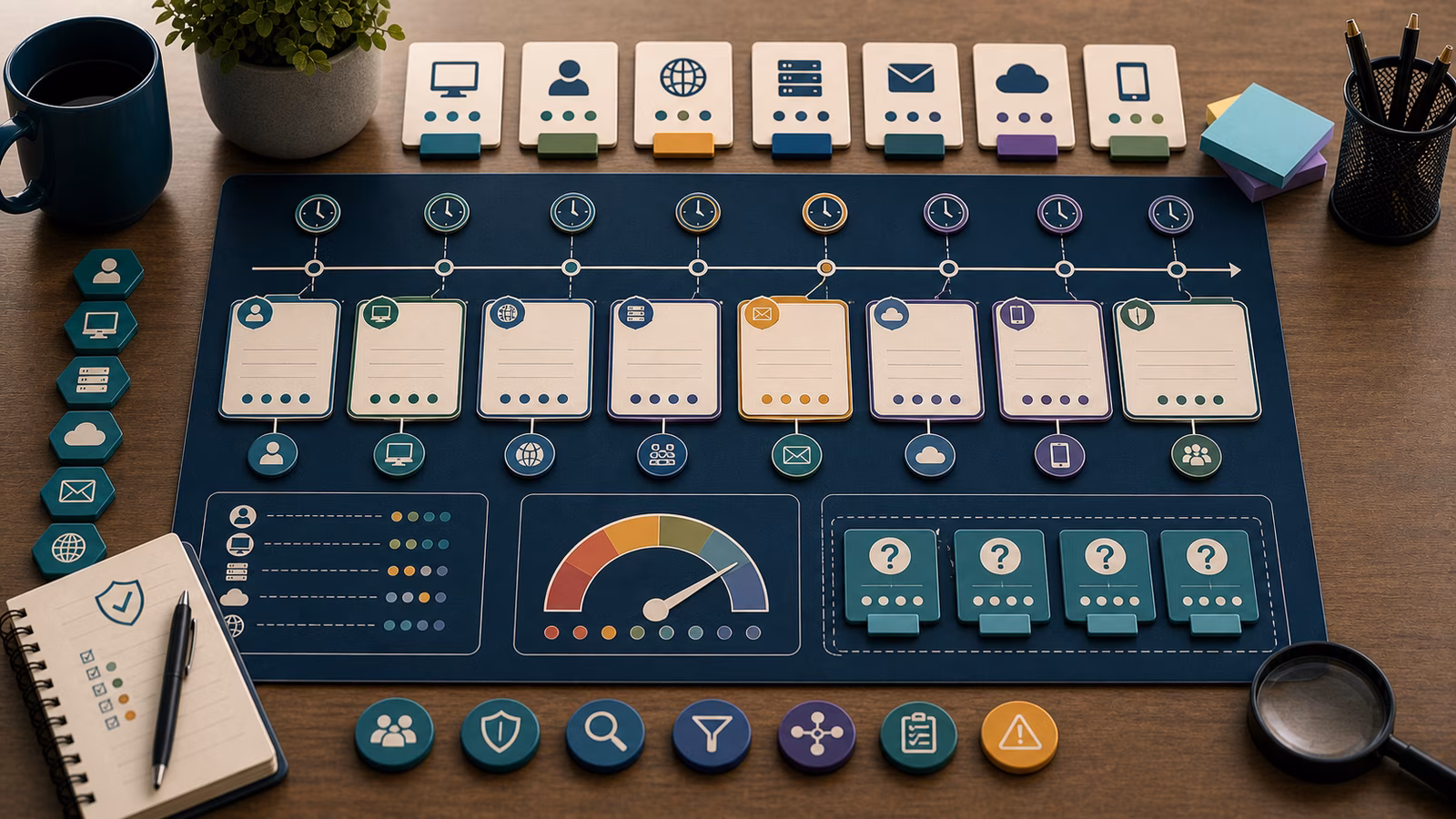 Calm cybersecurity illustration for Incident Timeline Building, showing abstract triage and incident response evidence cards, connected systems, and defensive control checkpoints.