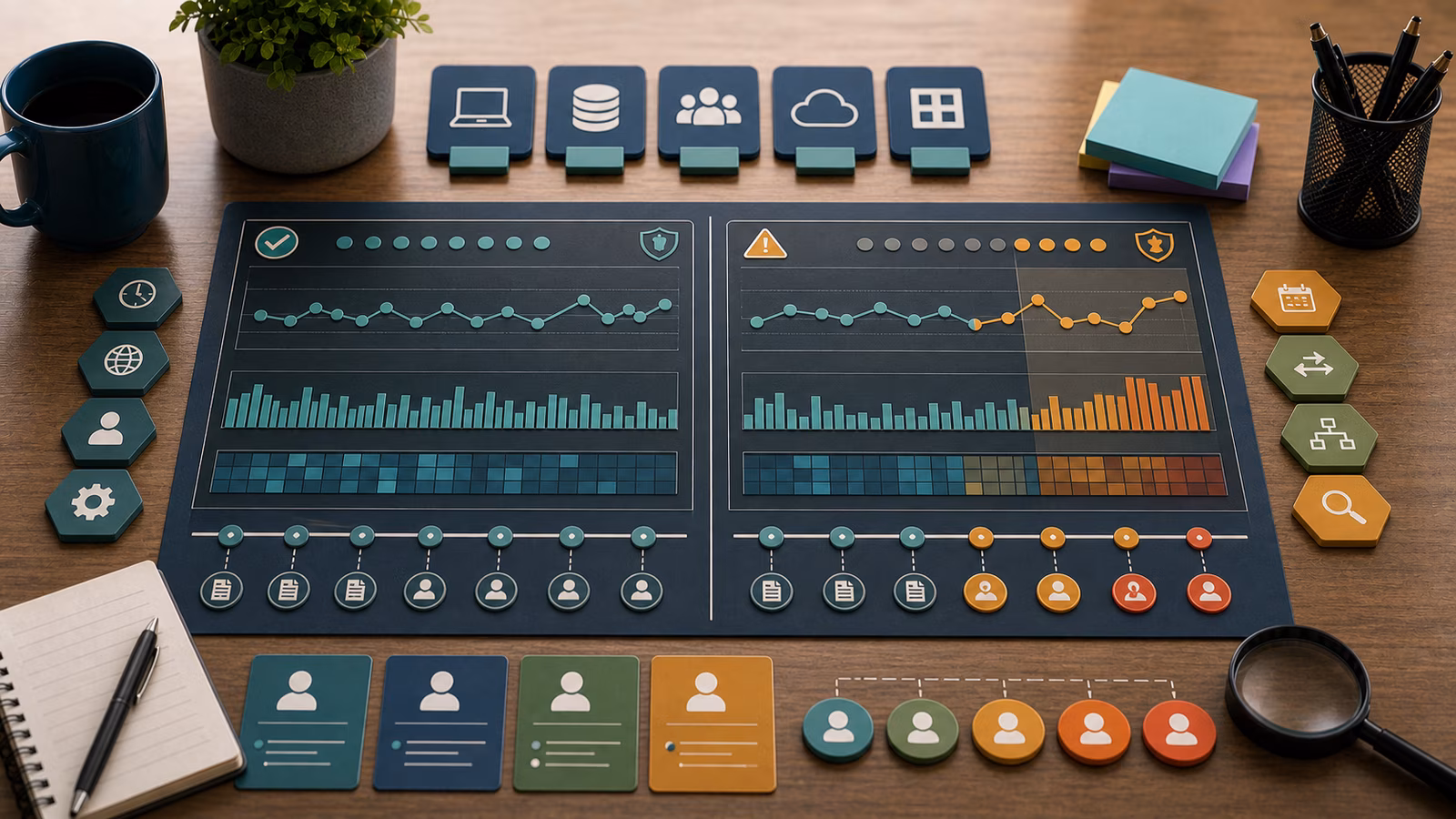 Calm cybersecurity illustration for Known-Good Baselines, showing abstract start here: defender thinking evidence cards, connected systems, and defensive control checkpoints.