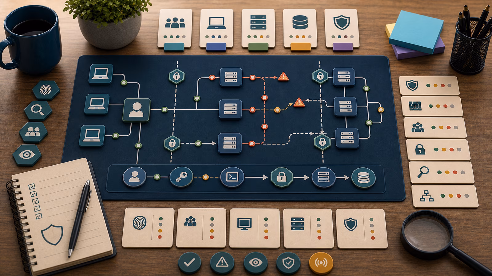 Calm cybersecurity illustration for Lateral Movement Signals, showing abstract attack paths and breach stories evidence cards, connected systems, and defensive control checkpoints.