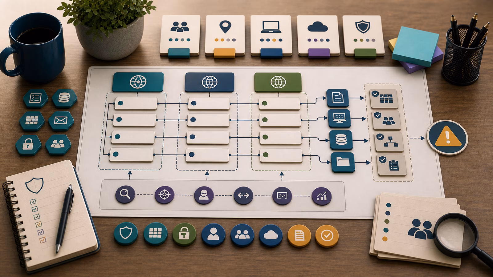 Calm cybersecurity illustration for Mapping Controls to NIST, CIS, and ATT&CK, showing abstract open security engineering evidence cards, connected systems, and defensive control checkpoints.