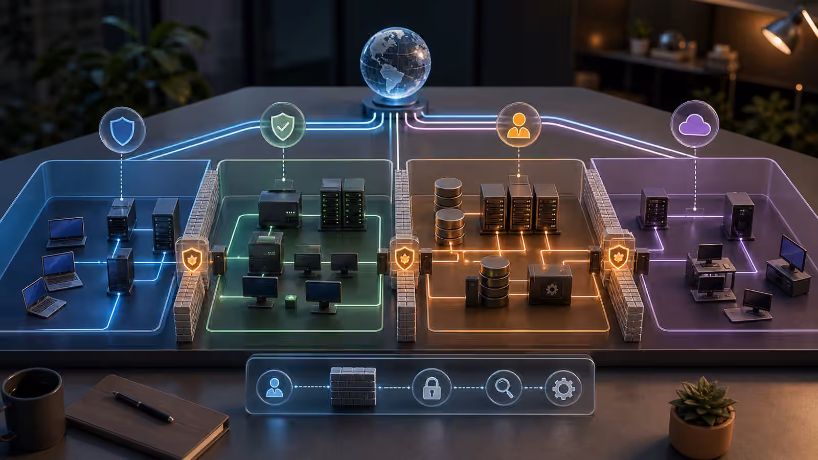 Calm cybersecurity illustration of segmented network zones, protected service paths, and defensive control points.