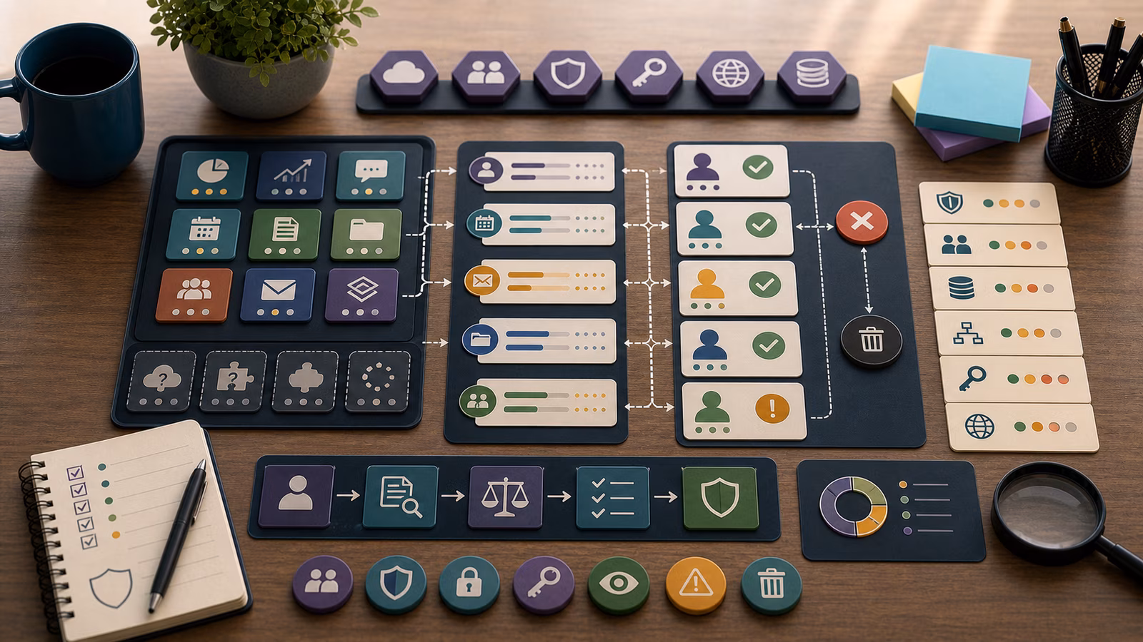 Calm cybersecurity illustration for OAuth Consent and SaaS App Risk, showing abstract cloud, identity, and exposure evidence cards, connected systems, and defensive control checkpoints.