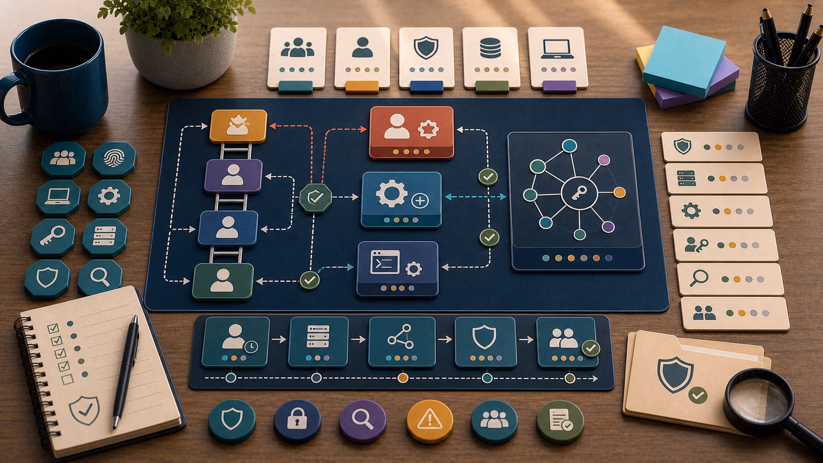 Calm cybersecurity illustration for Privilege Escalation Signals, showing abstract attack paths and breach stories evidence cards, connected systems, and defensive control checkpoints.