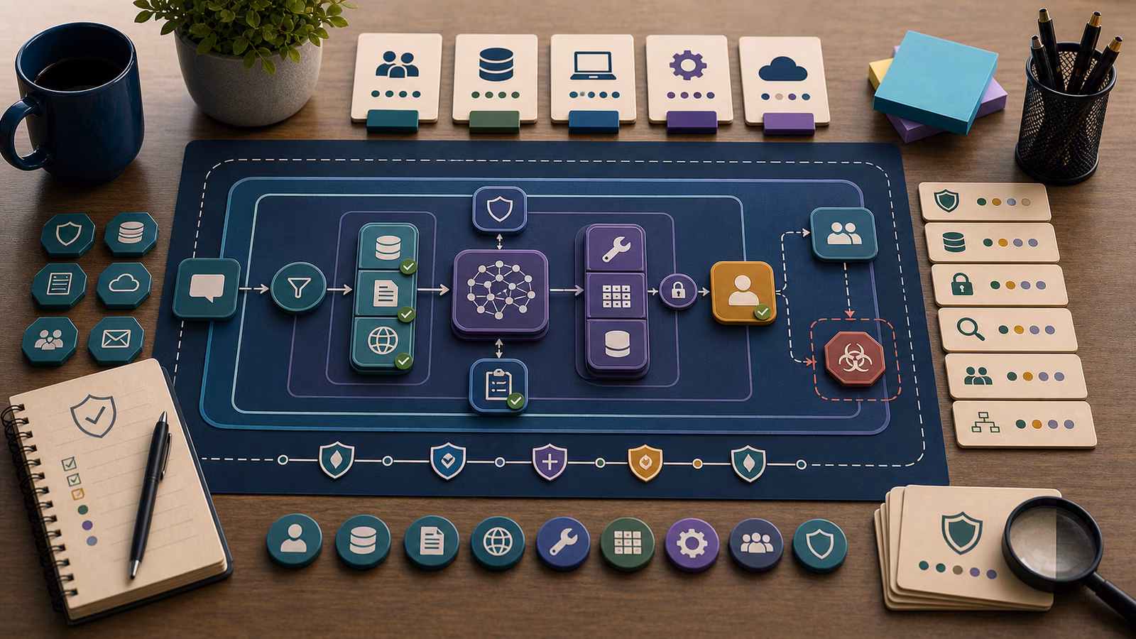 Calm cybersecurity illustration for Prompt Injection for Defenders, showing abstract ai-era cyber defense evidence cards, connected systems, and defensive control checkpoints.