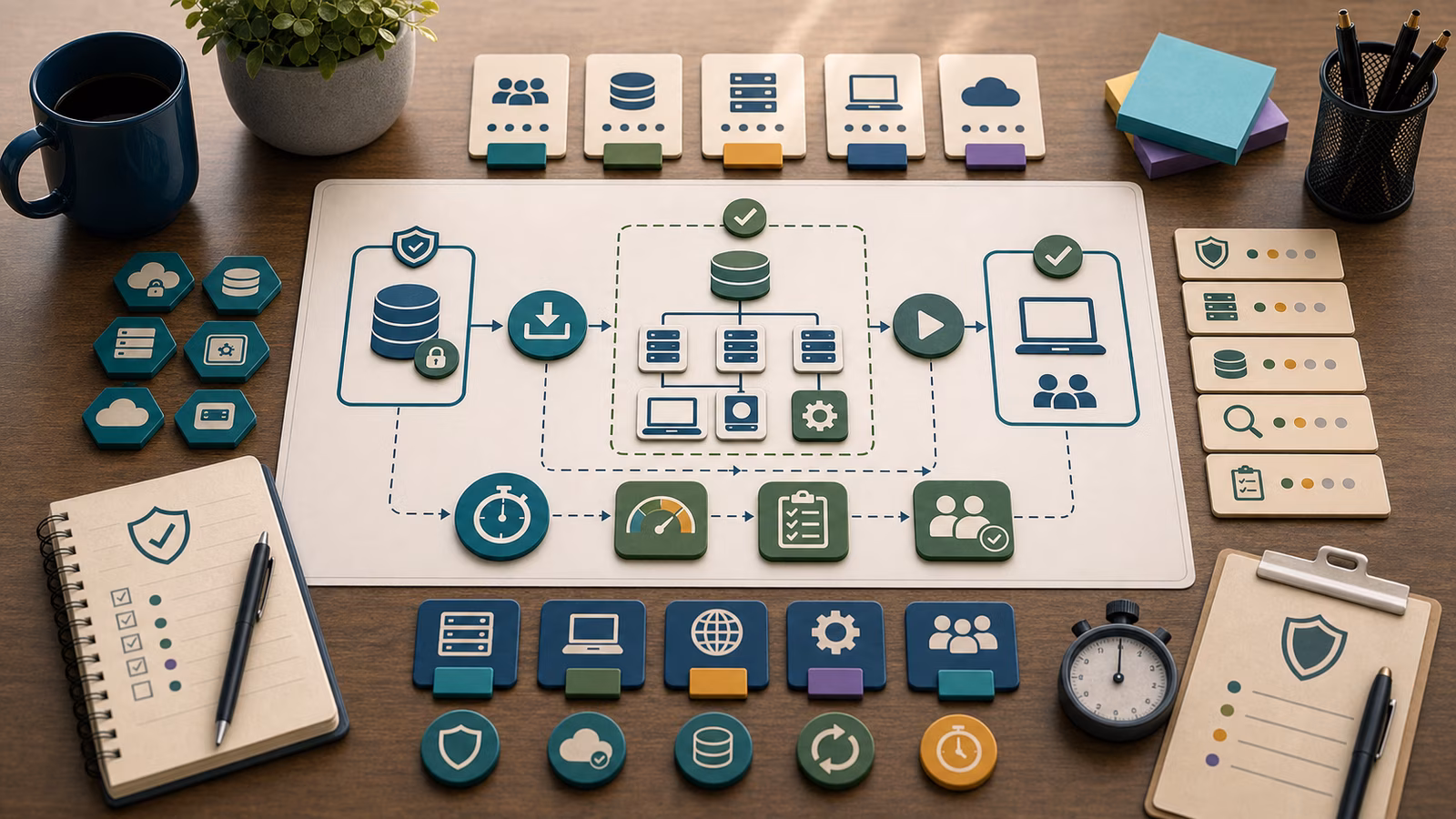 Calm cybersecurity illustration for Restore Drills, showing abstract ransomware and recovery evidence cards, connected systems, and defensive control checkpoints.