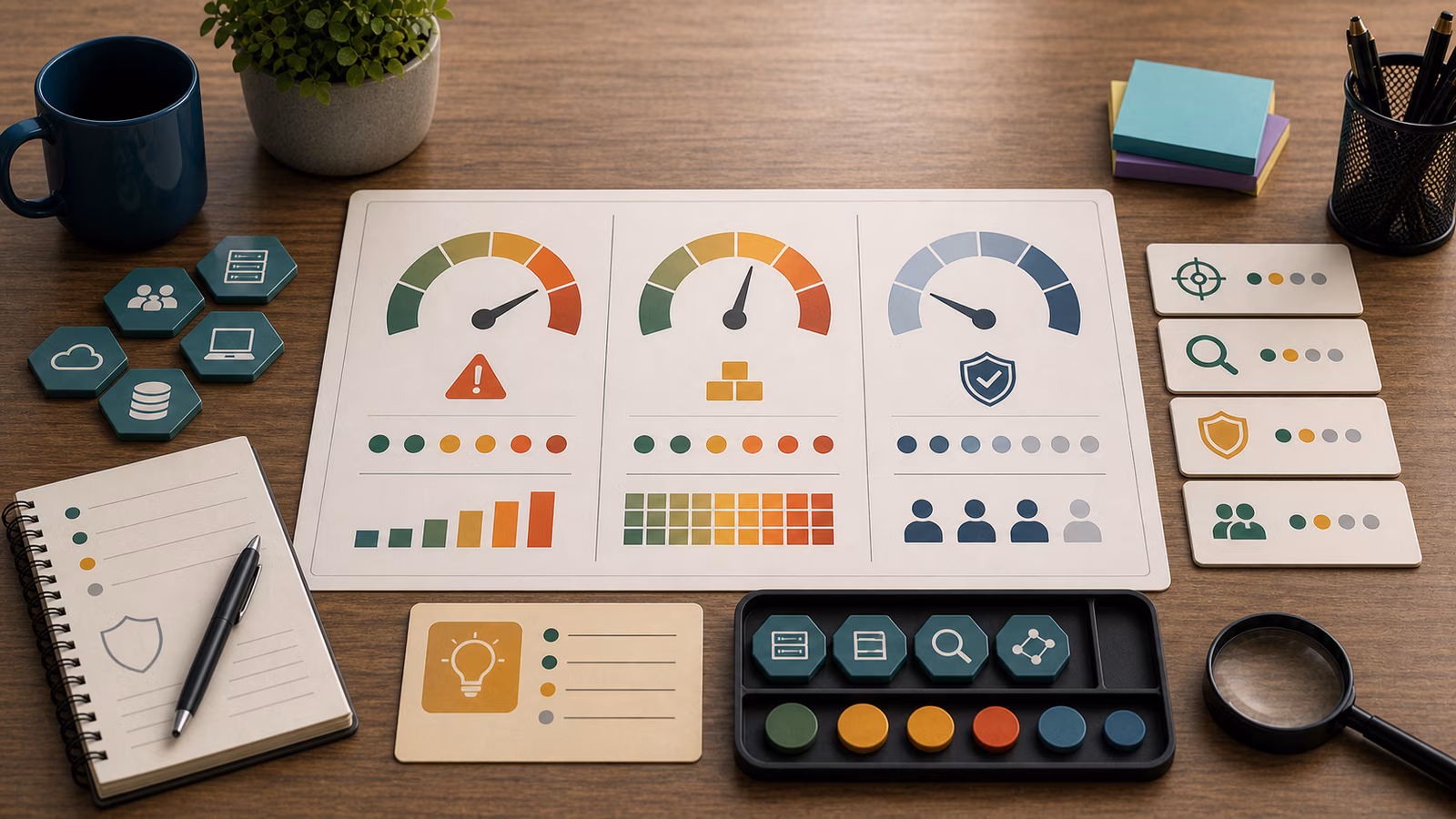 Calm cybersecurity illustration for Risk Scores, Severity, and Confidence, showing abstract start here: defender thinking evidence cards, connected systems, and defensive control checkpoints.