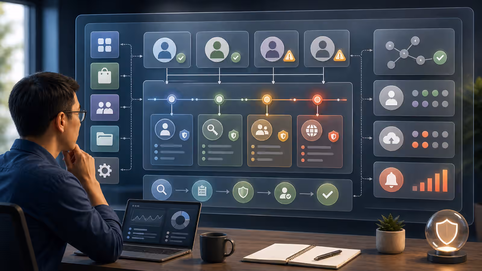 Calm cybersecurity illustration of generic SaaS app tiles, admin identities, timeline dots, audit cards, and approval checkpoints.