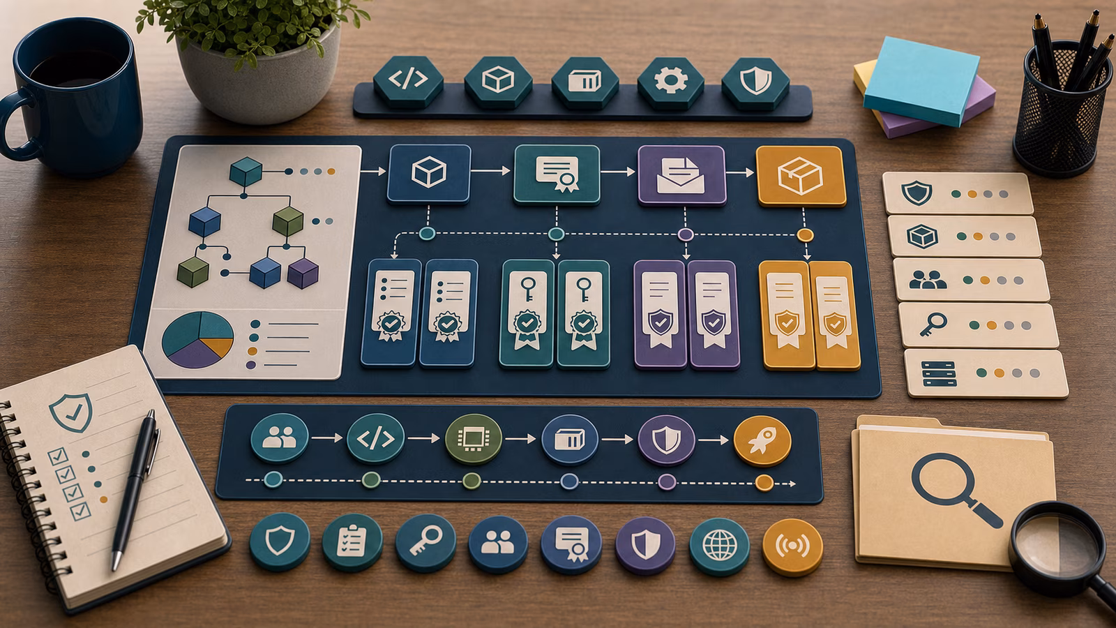 Calm cybersecurity illustration for SBOMs, Signatures, and Attestations, showing abstract cloud, identity, and exposure evidence cards, connected systems, and defensive control checkpoints.