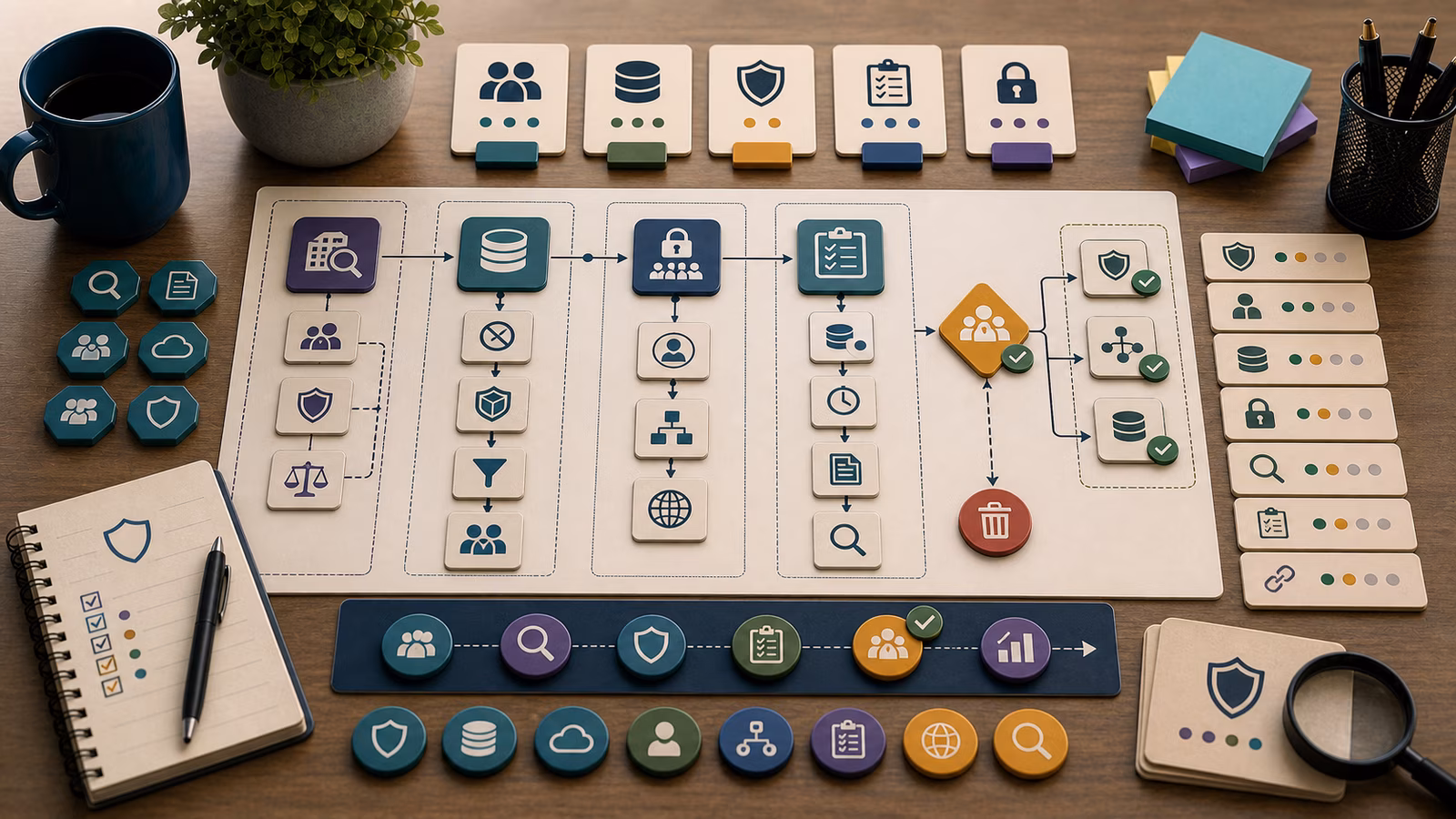Calm cybersecurity illustration for Secure AI Tool Intake, showing abstract ai-era cyber defense evidence cards, connected systems, and defensive control checkpoints.