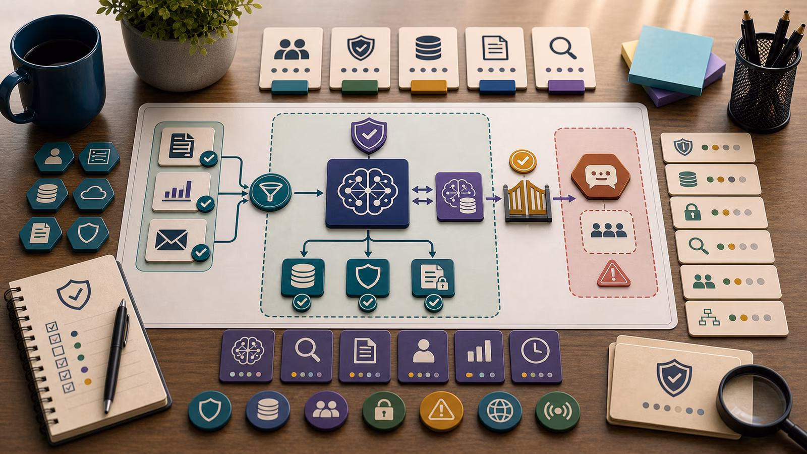 Calm cybersecurity illustration for Shadow AI Data Leaks, showing abstract ai-era cyber defense evidence cards, connected systems, and defensive control checkpoints.