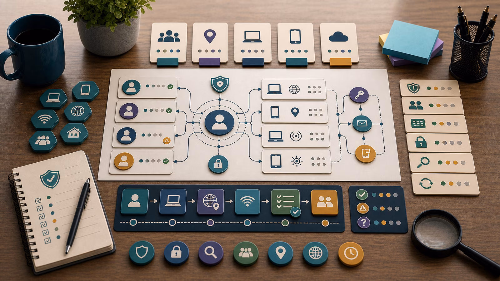 Calm cybersecurity illustration for Valid Accounts, showing abstract attack paths and breach stories evidence cards, connected systems, and defensive control checkpoints.