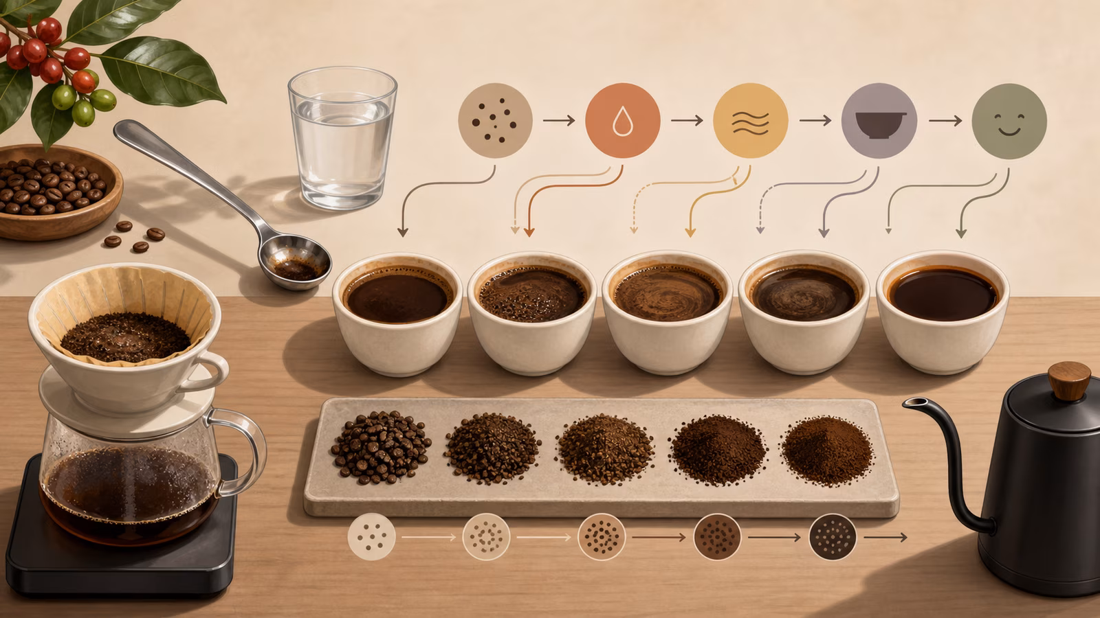 Coffee cups, tasting spoon, grind samples, and brew tools arranged as a diagnostic map.