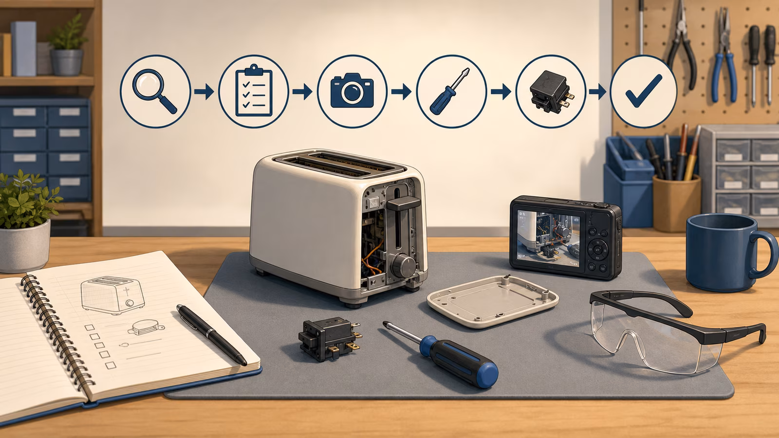 Object on a workshop bench with notebook, screwdriver, spare part, camera icon, and safety glasses.