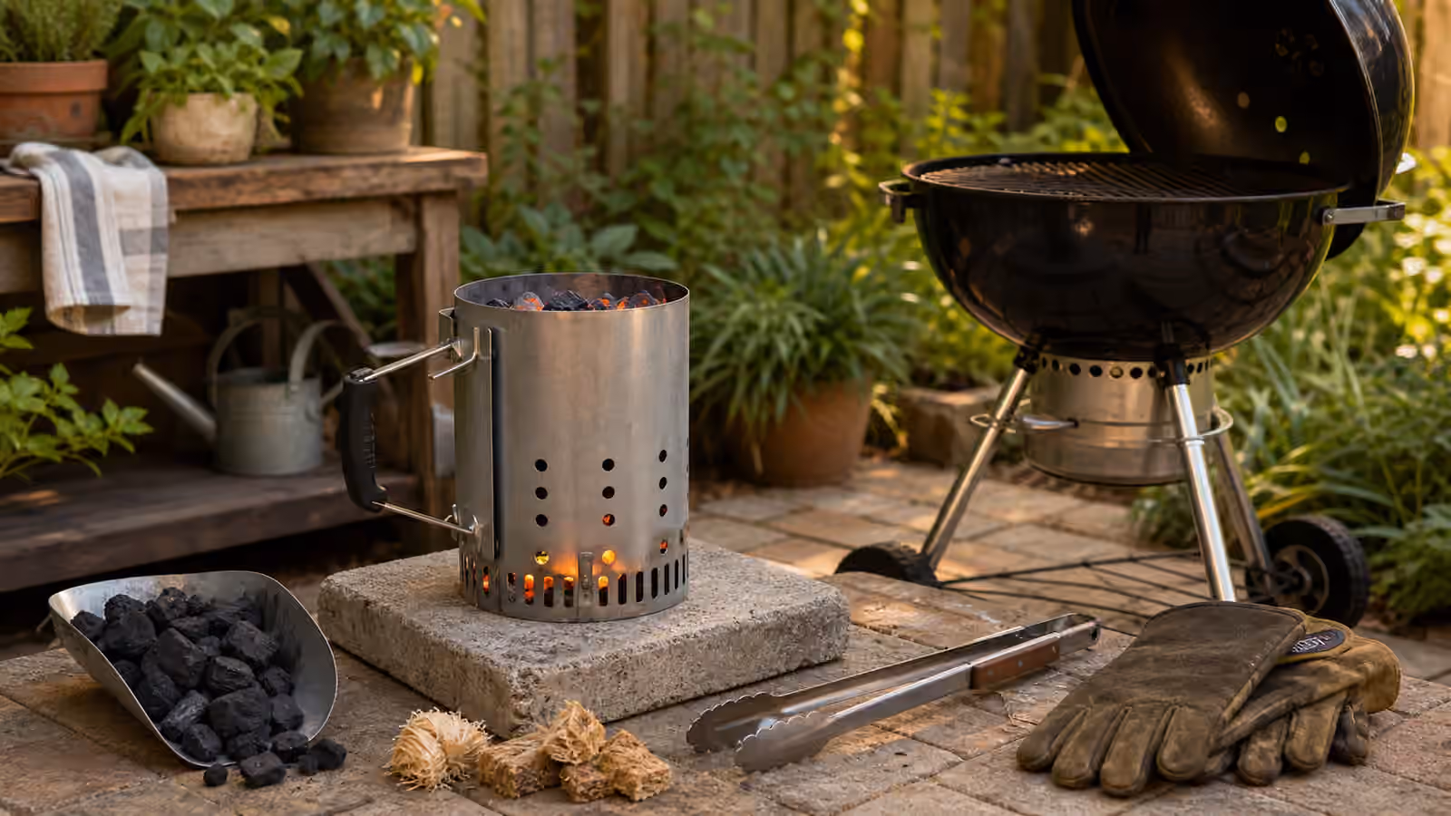 A charcoal chimney starter glowing on a fire-safe patio surface beside lump charcoal, tongs, gloves, and a kettle grill.