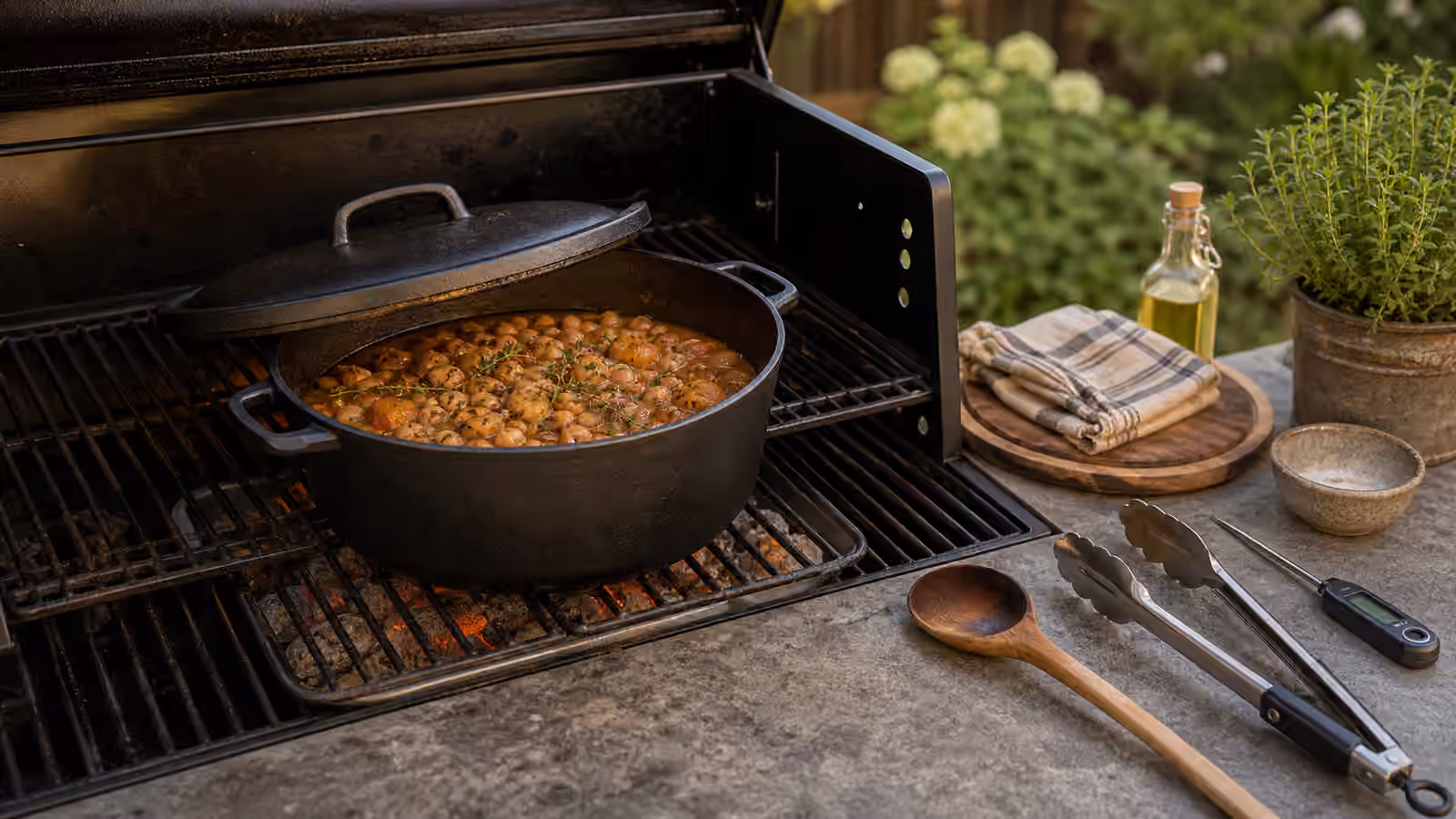 A cast-iron Dutch oven with beans and vegetables cooking on a backyard grill beside a wooden spoon, tongs, thermometer, and serving plate.