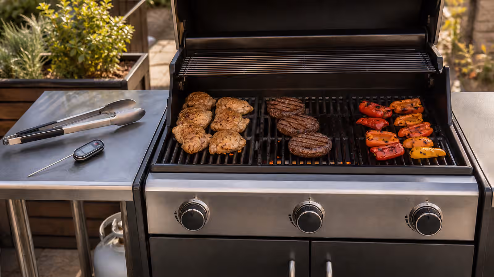 A gas grill set up with chicken, burgers, peppers, tongs, and a thermometer to show hotter and cooler cooking zones.