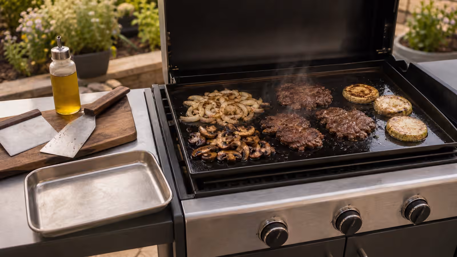 A flat griddle on a backyard grill with onions, mushrooms, smashed patties, vegetable slabs, spatulas, scraper, and oil.