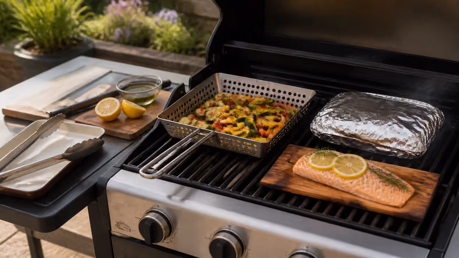A grill basket of vegetables, a foil packet, and a salmon fillet on a wood plank arranged on a clean outdoor grill.