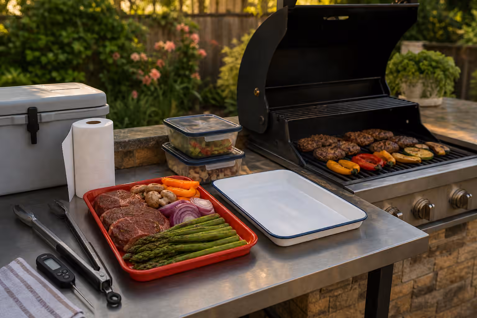 A backyard grill station with a raw food tray, clean cooked-food tray, thermometer, tongs, cooler, and covered containers beside an open grill.