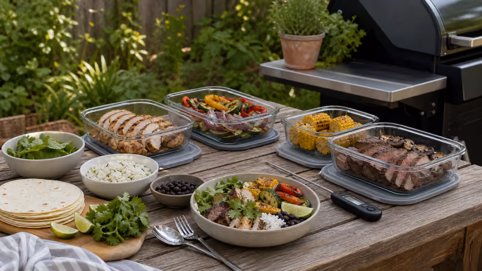 Covered containers of grilled chicken, vegetables, corn, mushrooms, tortillas, greens, rice, clean utensils, and a thermometer on an outdoor table.