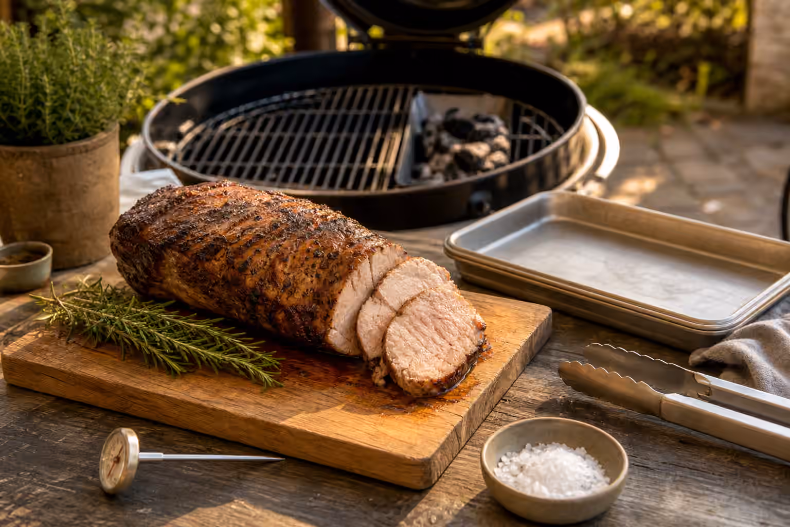 A sliced grilled roast resting near a covered grill, thermometer, tongs, rosemary, salt, and a clean tray.