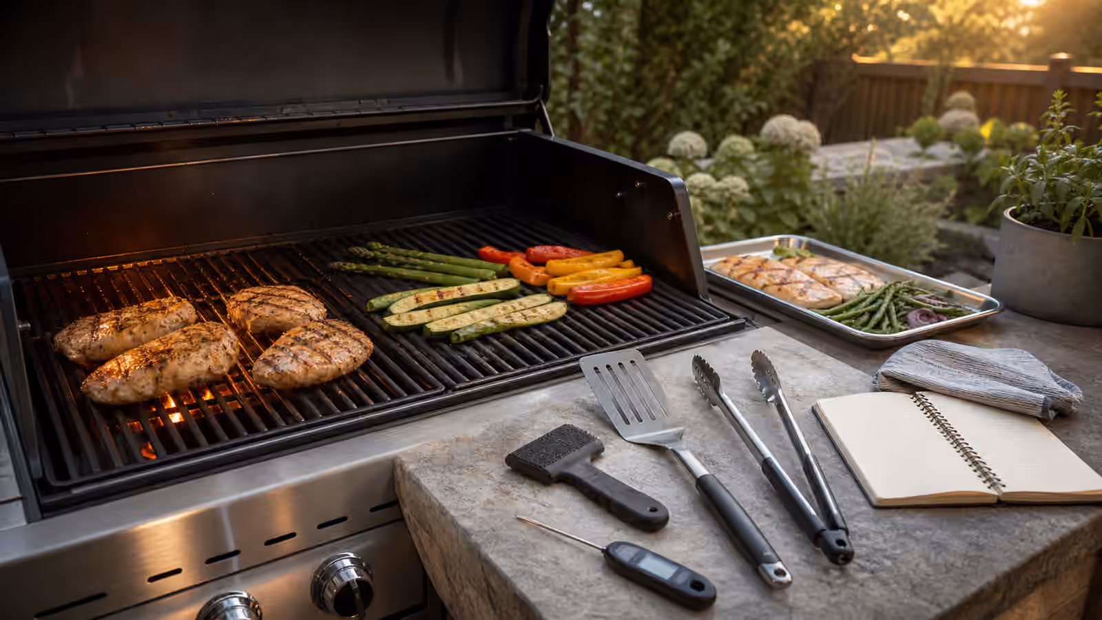 A backyard grill station with hot and cool zones, vegetables moved from hard heat, a thermometer, spatula, tongs, scraper, and a blank notebook.