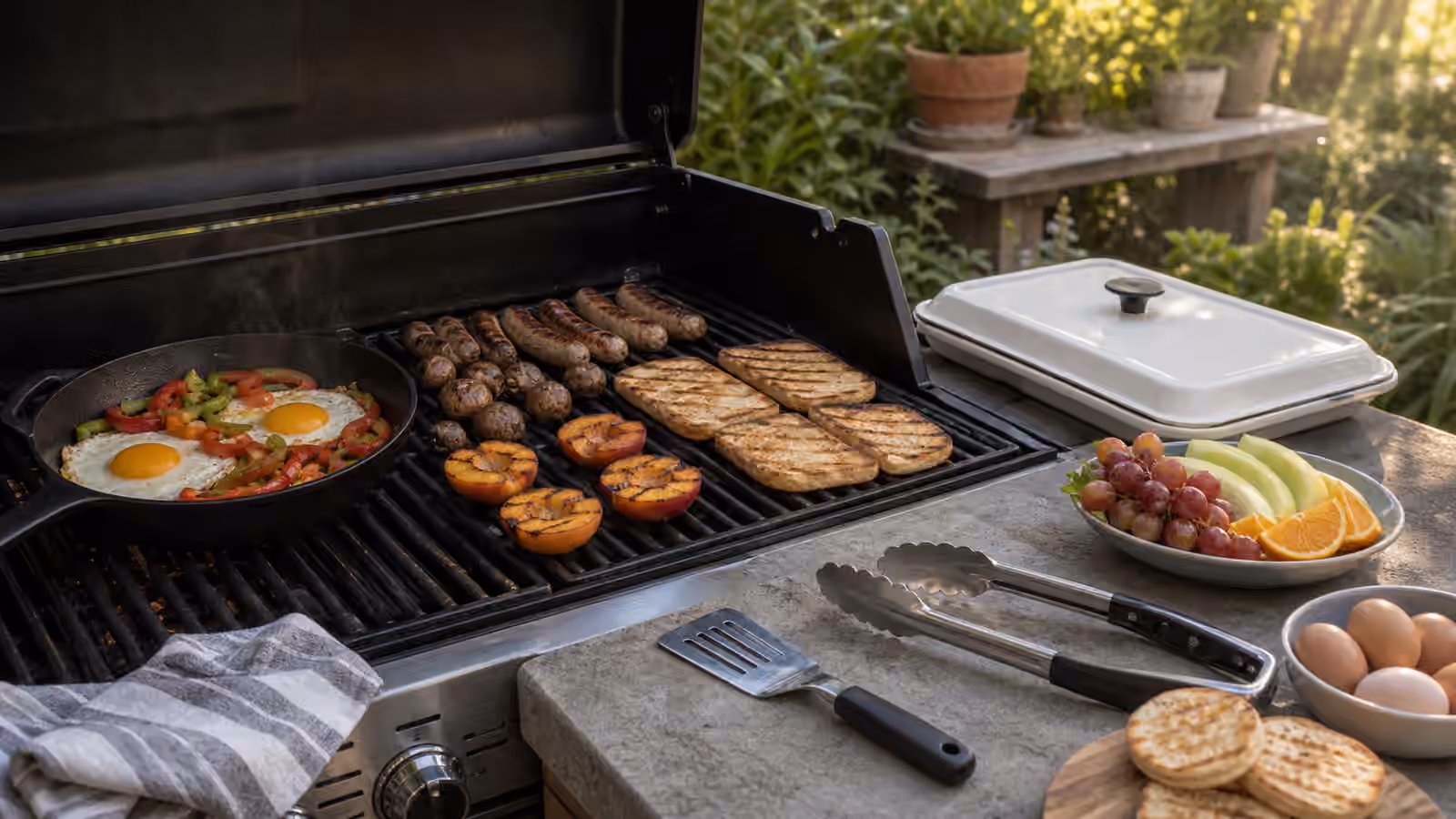 A morning grill setup with skillet eggs, peppers, sausages, mushrooms, toasted flatbread, grilled fruit, a spatula, tongs, and a serving tray.