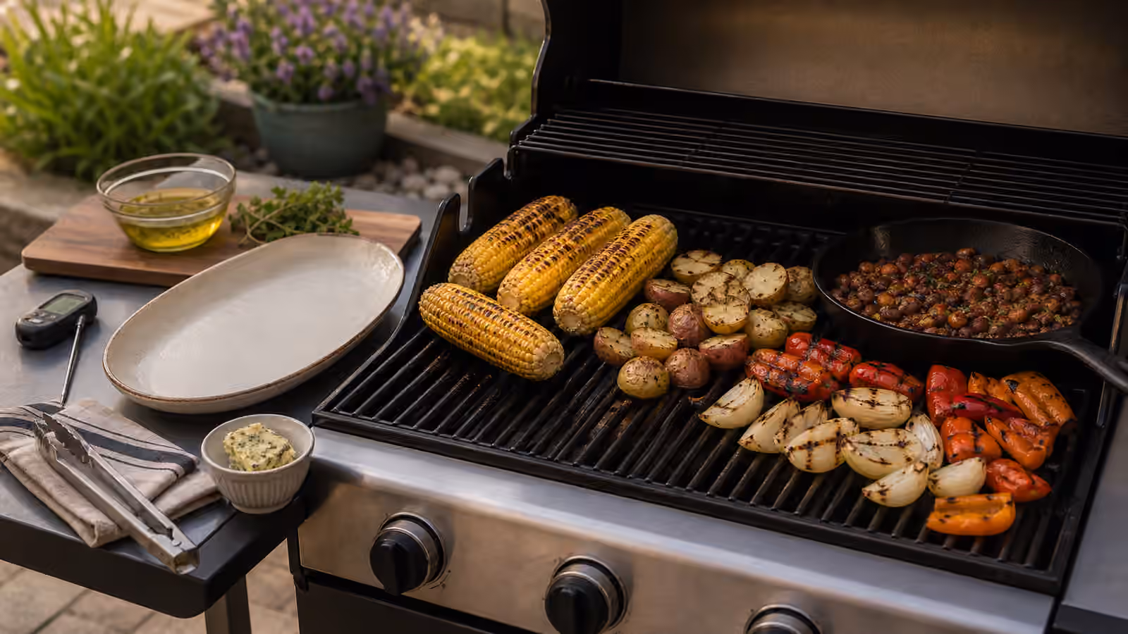 Corn, halved potatoes, onions, peppers, beans in a skillet, herb butter, tongs, and a platter arranged around a grill.