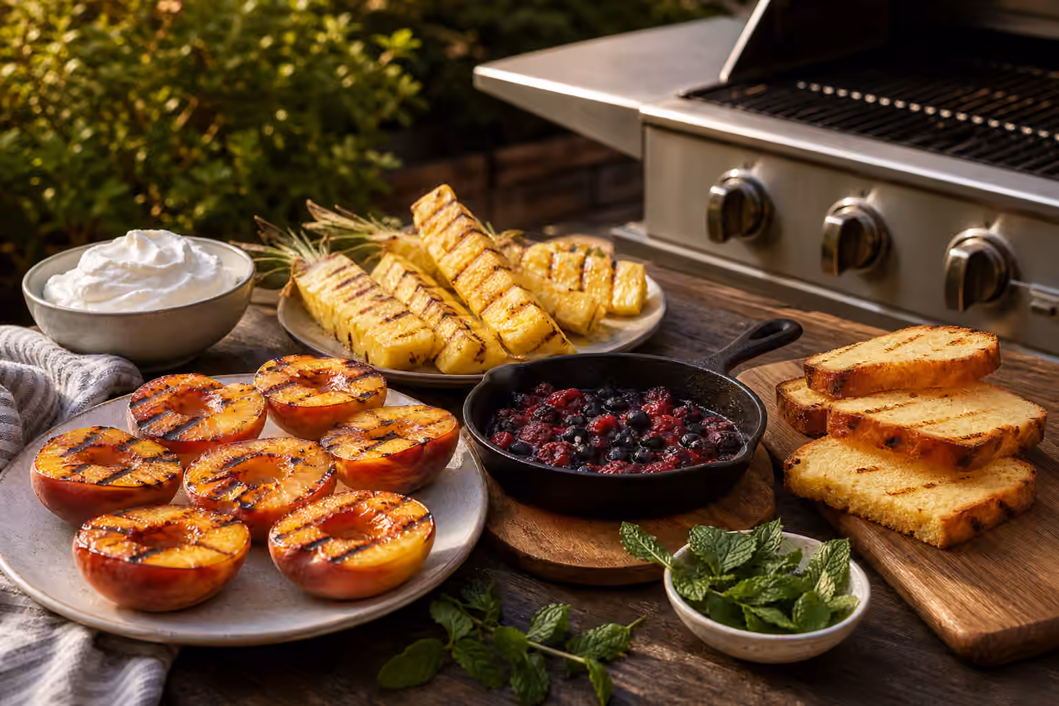Grilled peaches, pineapple, skillet berries, toasted cake, whipped cream, and mint on an outdoor table beside a grill.