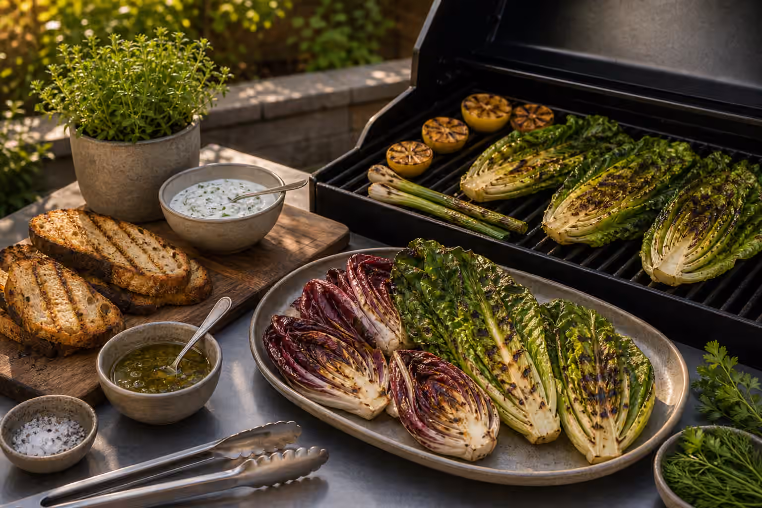Charred romaine, radicchio, grilled bread, herbs, and dressing bowls beside a clean backyard grill.