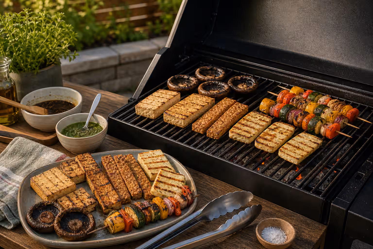 Tofu slabs, tempeh strips, mushrooms, and vegetable skewers grilling beside herb sauce and clean tongs.
