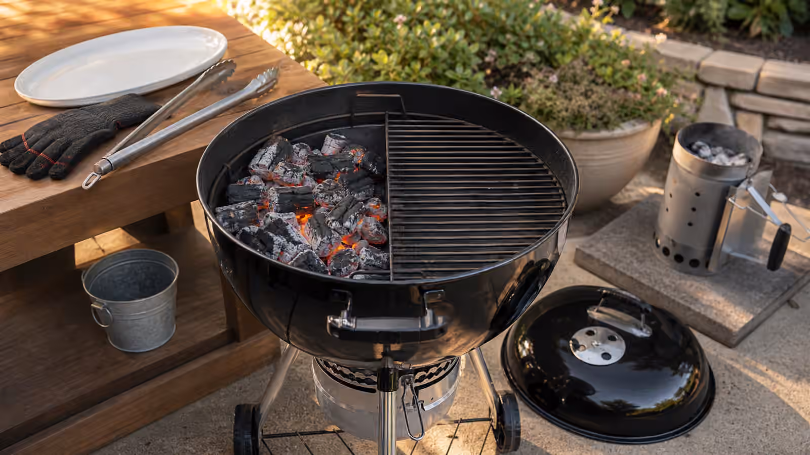 An unbranded charcoal kettle grill set for two-zone cooking with banked coals, open grate space, tongs, gloves, chimney starter, and ash bucket.