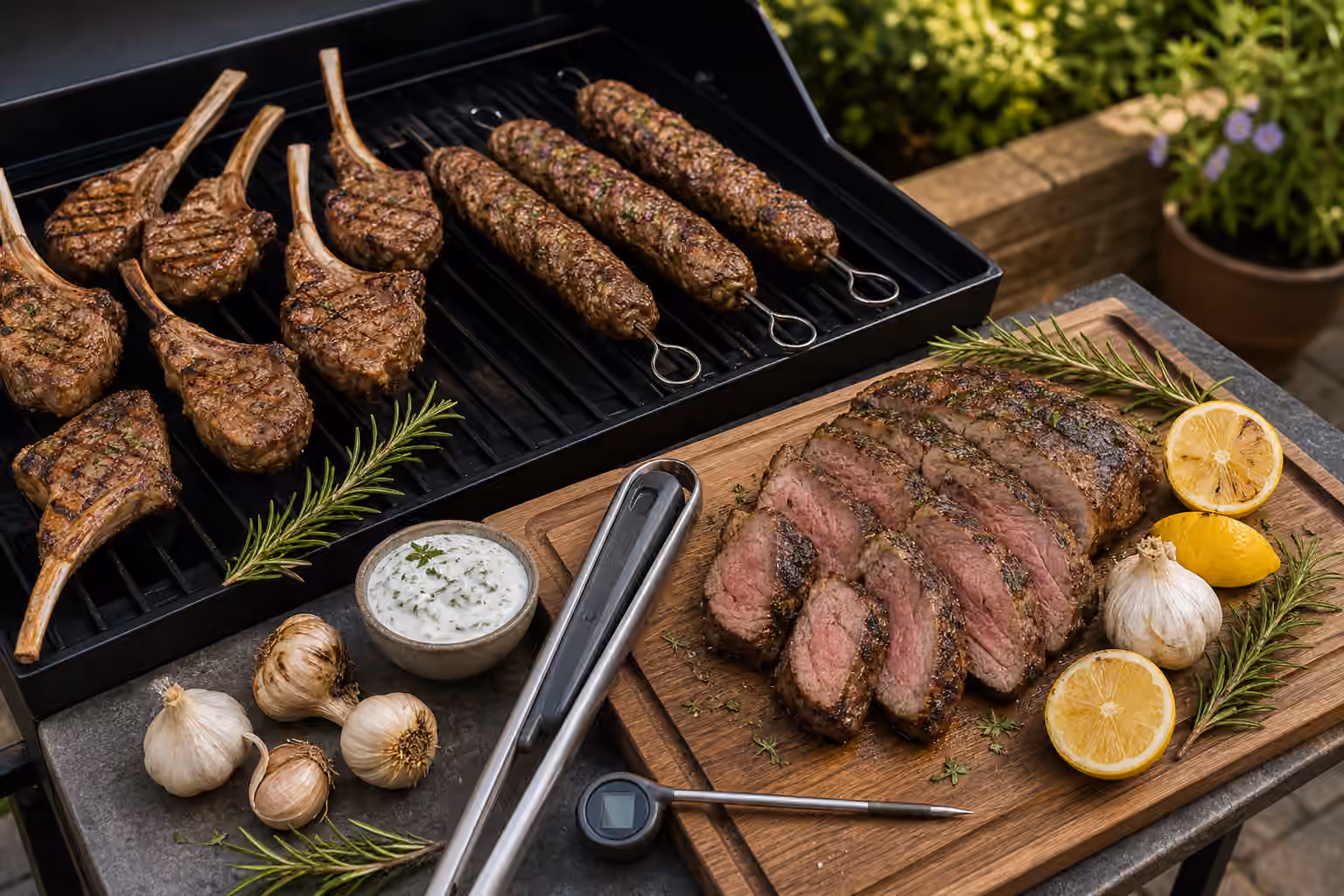 Lamb chops, kofta skewers, and sliced leg of lamb near a backyard grill with herbs, lemon, yogurt sauce, tongs, and a thermometer.