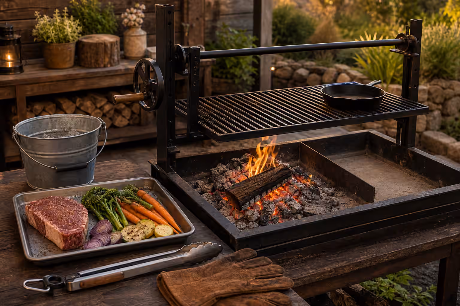 An adjustable grate over controlled wood coals with a clear cool zone, tools, vegetables, and steak nearby.