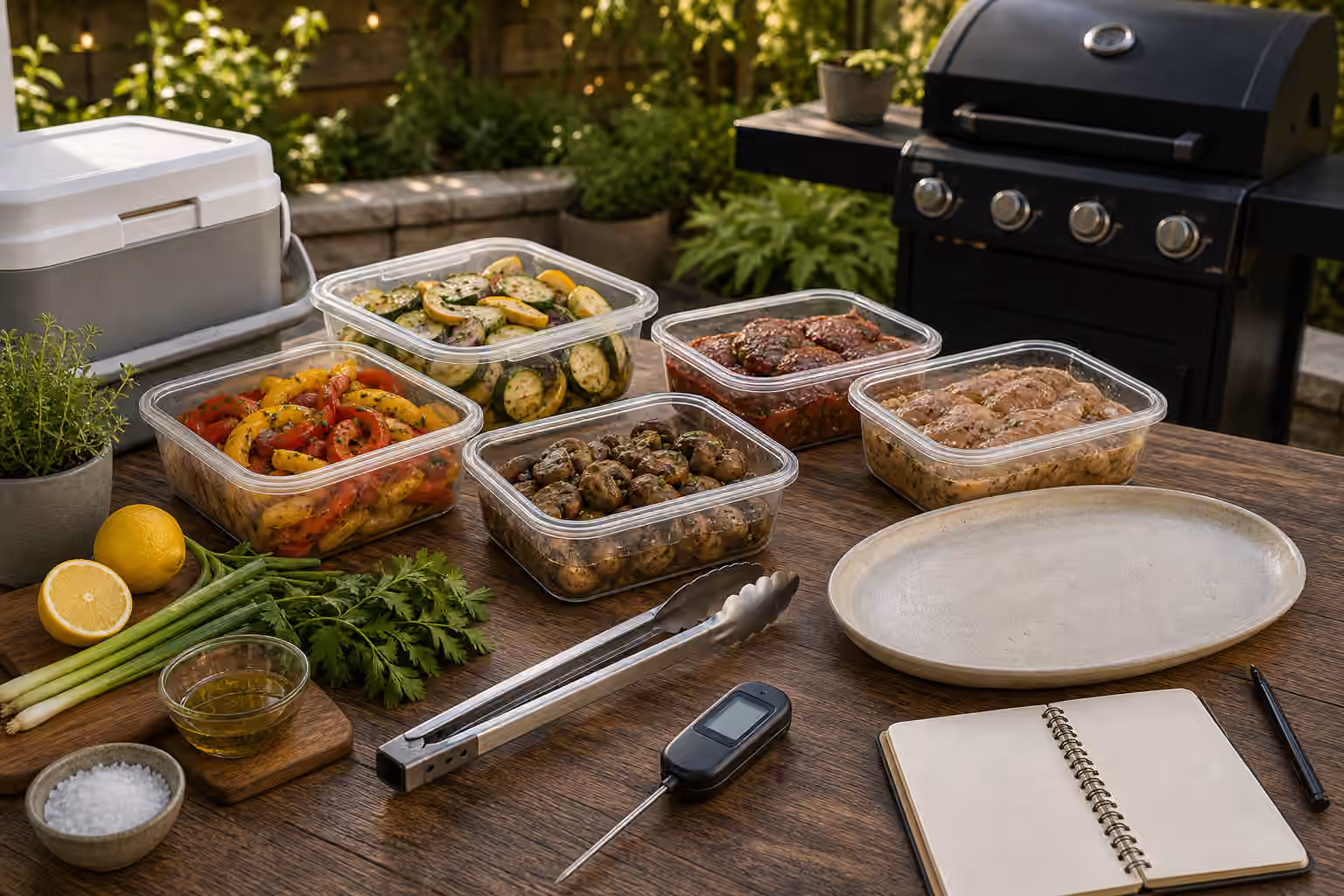 Covered prep containers, herbs, citrus, a clean cooler, platter, tongs, thermometer, and grill arranged for make-ahead cooking.